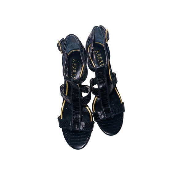 Lauren Ralph Lauren Black Crocodile Embossed Strappy Heels With Gold Buckle 6 - Picture 11 of 11